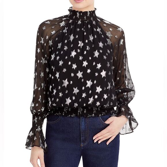 Ramy Brook Stassi Silk Blend Metallic Star Print Mock Neck Blouse - Picture 2 of 10